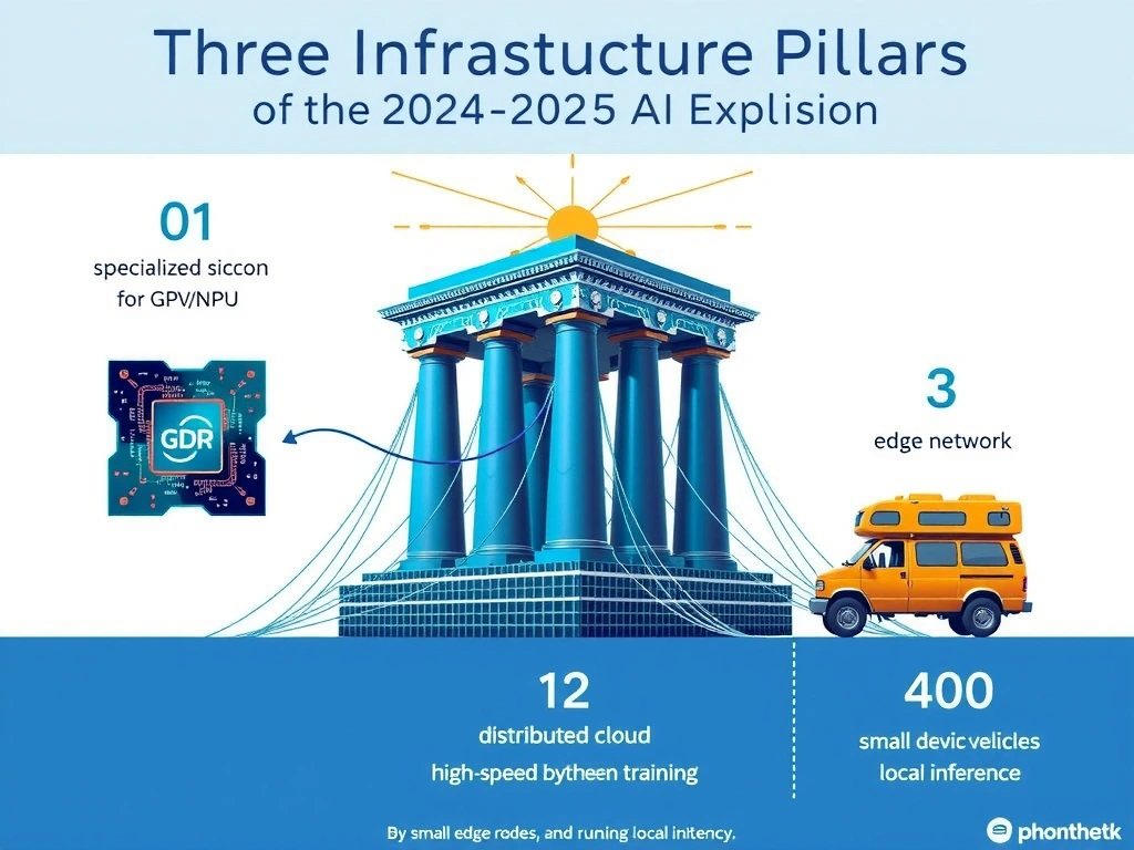 Infographic illustrating the three key pillars enabling modern AI workloads: Specialized Hardware (GPUs/ASICs for matrix math), Distributed Cloud Systems (cluster networking for training), and Edge Infrastructure (local processing nodes for low-latency inference).