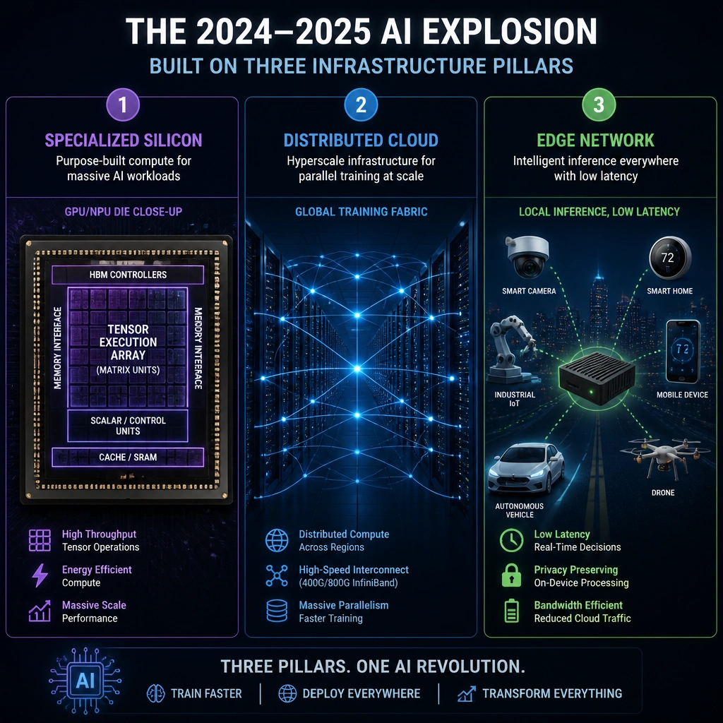 The image should show a conceptual diagram showing the three infrastructure pillars of the 2024-2025 AI explosion. The first pillar is specialized silicon (showing a close-up of a GPU/NPU die emphasizing tensor execution blocks). The second pillar is the distributed cloud (showing multiple server racks in a datacenter interconnected by high-speed network lines for parallel training). The third pillar is the edge network (showing small edge nodes, smart devices, and vehicles running local inference, highlighting low latency).