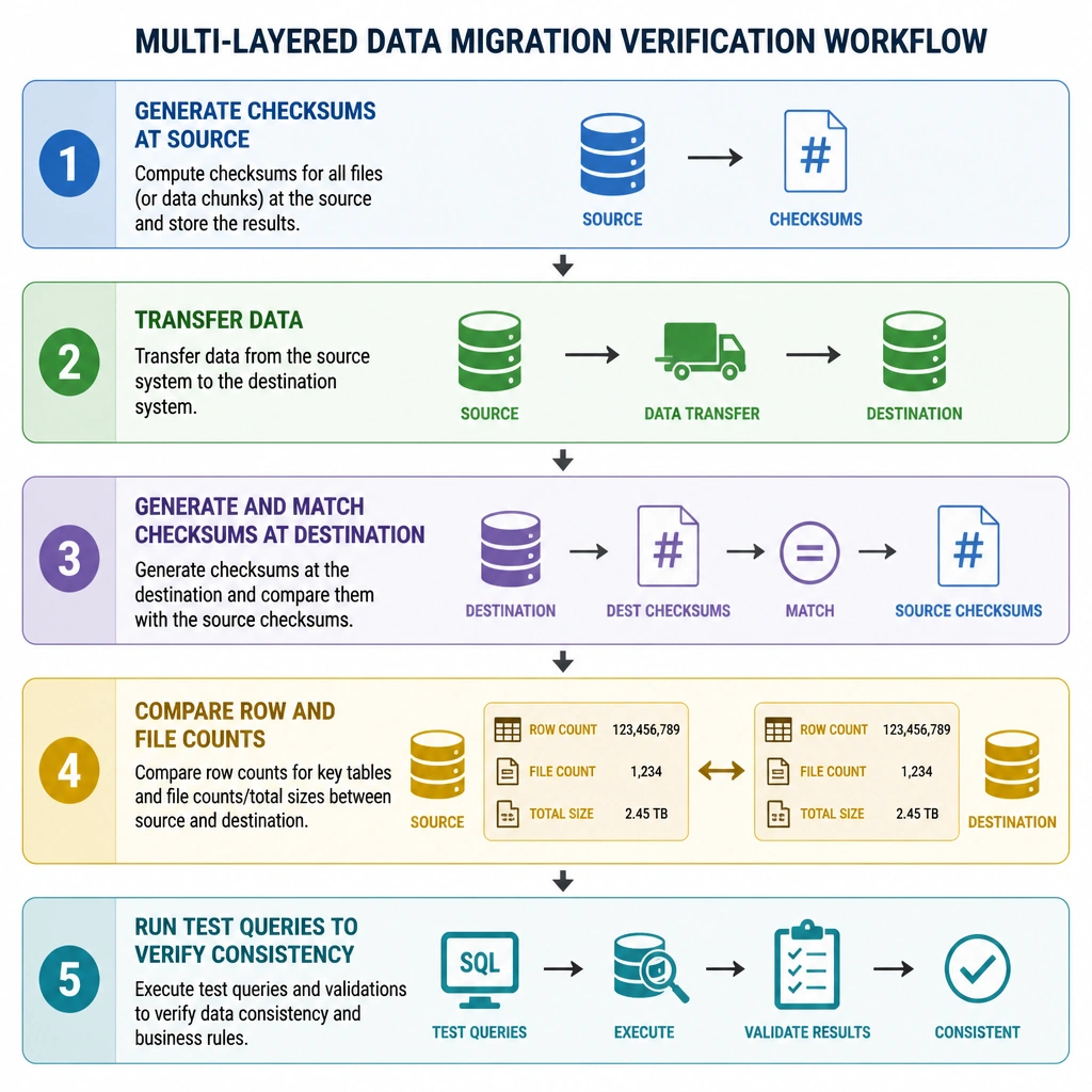 Block diagram showing the steps of a multi-layered data migration verification workflow: 1. Generate checksums at source, 2. Transfer data, 3. Generate and match checksums at destination, 4. Compare source/destination row and file counts, and 5. Run test queries to verify consistency.