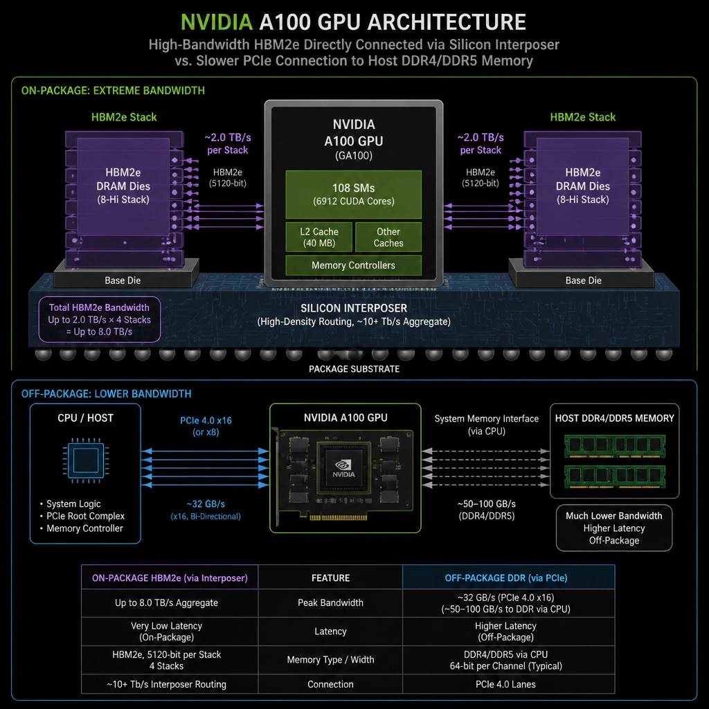 Hardware block diagram showing the architecture of an NVIDIA A100 GPU. Highlights the stacked HBM2e memory dies directly connected to the GPU chip via a high-speed silicon interposer, contrasted with the slower PCIe lanes going to the system's host DDR4/DDR5 memory.