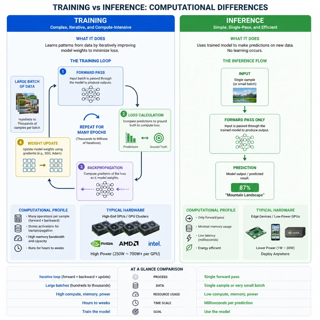 Comparative chart showing the computational difference between training and inference. The training panel illustrates a loop of forward pass, loss calculation, backpropagation, and weight updates using large batches on high-end GPUs. The inference panel shows a single, linear forward pass from input to prediction on a low-power edge device or smaller GPU.