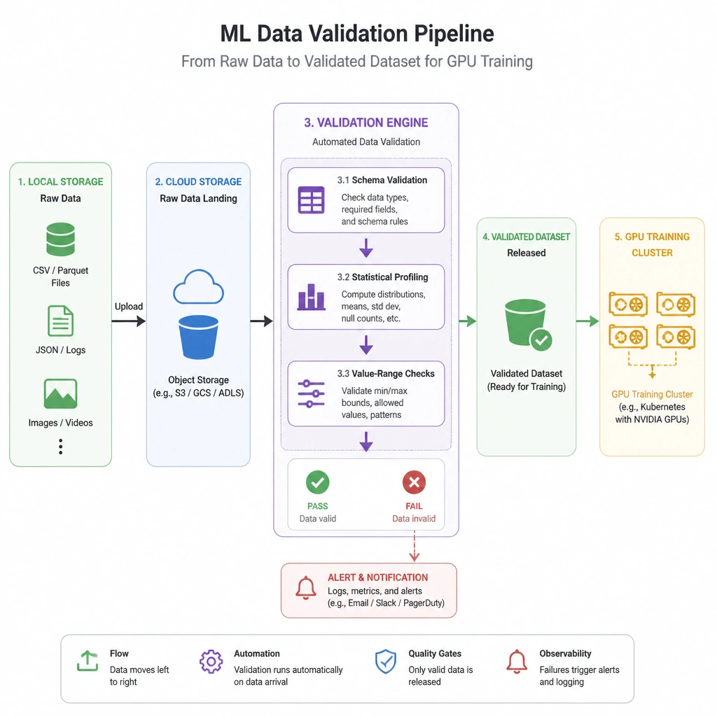 Process diagram showing an ML data validation pipeline. Raw data flows from local storage to cloud storage, where a validation engine automatically runs schema validation (checking data types), statistical profiling (checking distributions and means), and value-range checks before releasing the dataset to the GPU training cluster.