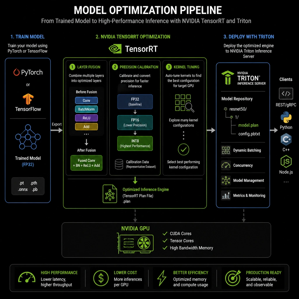 Model optimization pipeline showing a trained model (from PyTorch/TensorFlow) passing through NVIDIA TensorRT, which performs layer fusion, precision calibration (FP32 to INT8/FP16), and kernel tuning to produce an optimized inference runtime engine deployed to an NVIDIA Triton Inference Server.