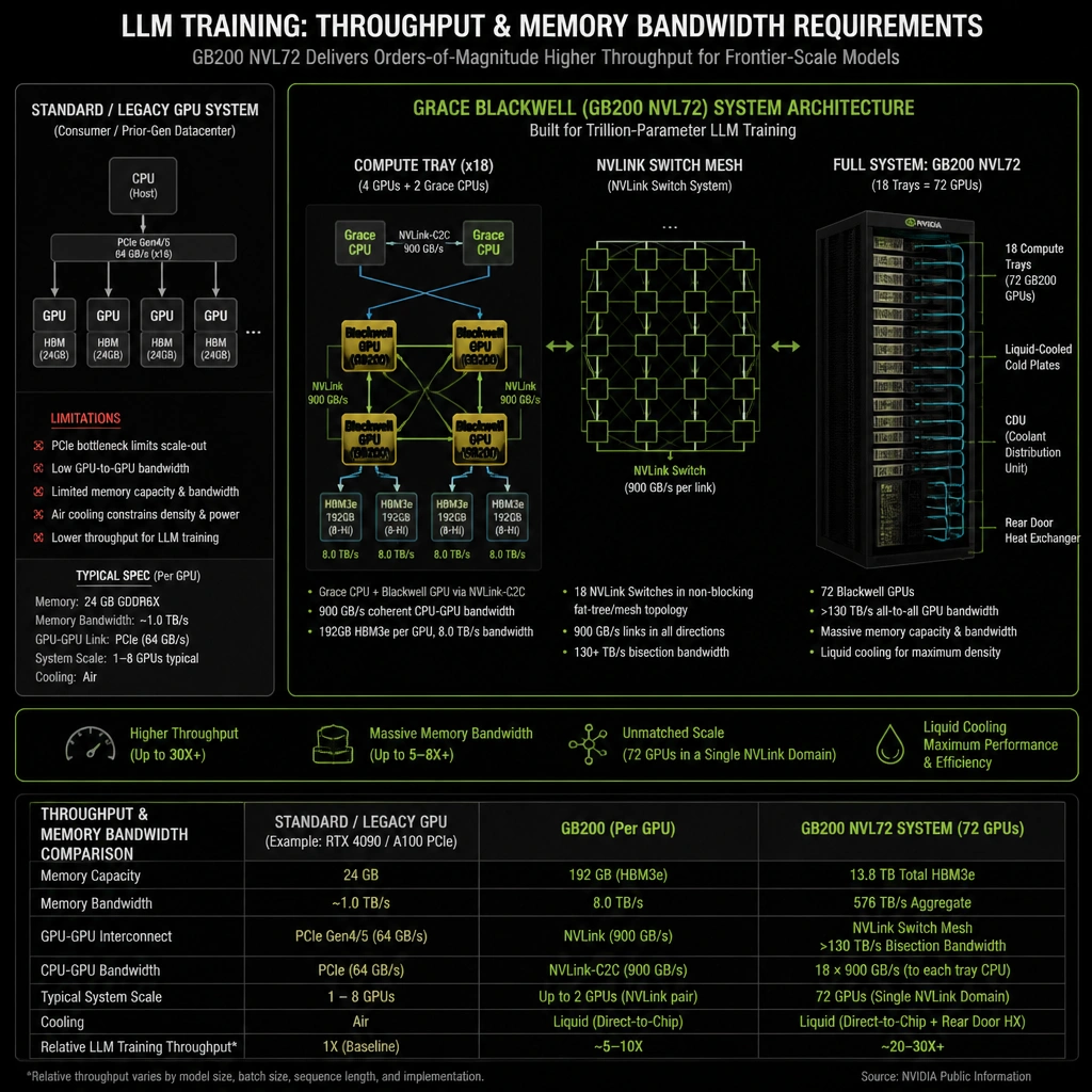 A system architecture diagram comparing the throughput and memory bandwidth requirements of LLM training, highlighting the Grace Blackwell (GB200 NVL72) system architecture, its liquid-cooling setup, NVLink switch mesh interconnect, and high-bandwidth HBM3e memory vs. standard consumer/legacy GPU limitations.
