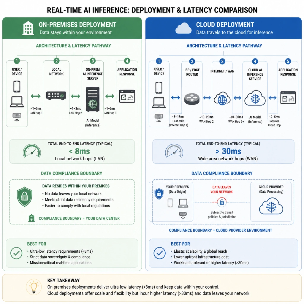 A comparison diagram showing an on-premises deployment vs. a cloud deployment for real-time AI inference, highlighting latency pathways (local network hops under 8ms vs. WAN hops to the cloud over 30ms) and data compliance boundaries.