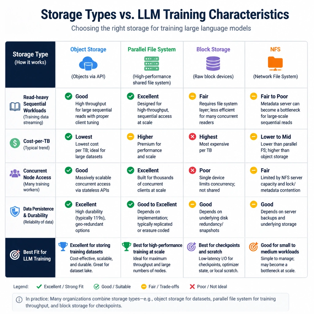 A comparison table or diagram illustrating storage types (Object Storage, Parallel File System, Block Storage, NFS) mapped against LLM training characteristics (read-heavy sequential, cost-per-TB, concurrent node access, data persistence).