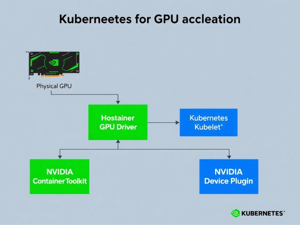 A diagram illustrating the Kubernetes node hierarchy for GPU acceleration, showcasing the physical GPU, host OS with the NVIDIA GPU Driver, the container runtime integrating the NVIDIA Container Toolkit, and the Kubernetes kubelet communicating with the NVIDIA Device Plugin to expose GPU resources to running pods.