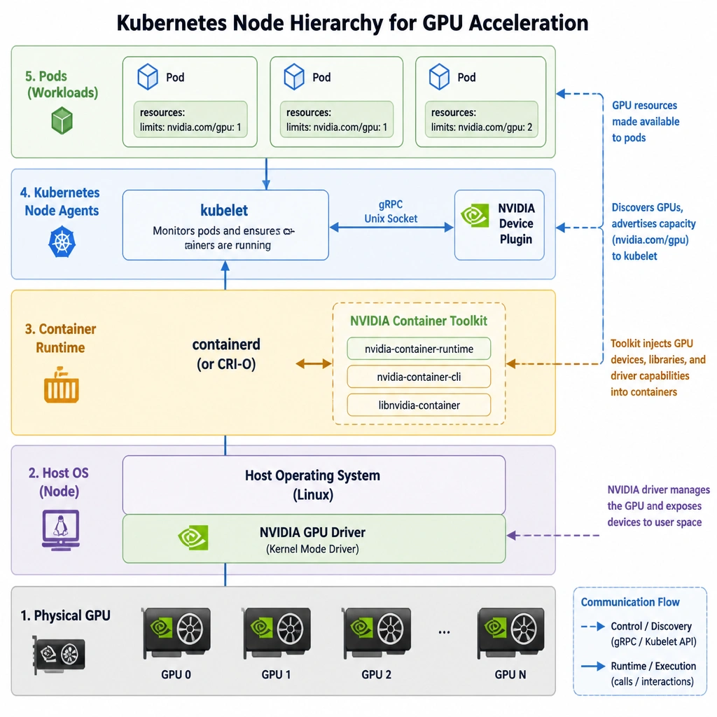 A diagram illustrating the Kubernetes node hierarchy for GPU acceleration, showcasing the physical GPU, host OS with the NVIDIA GPU Driver, the container runtime integrating the NVIDIA Container Toolkit, and the Kubernetes kubelet communicating with the NVIDIA Device Plugin to expose GPU resources to running pods.