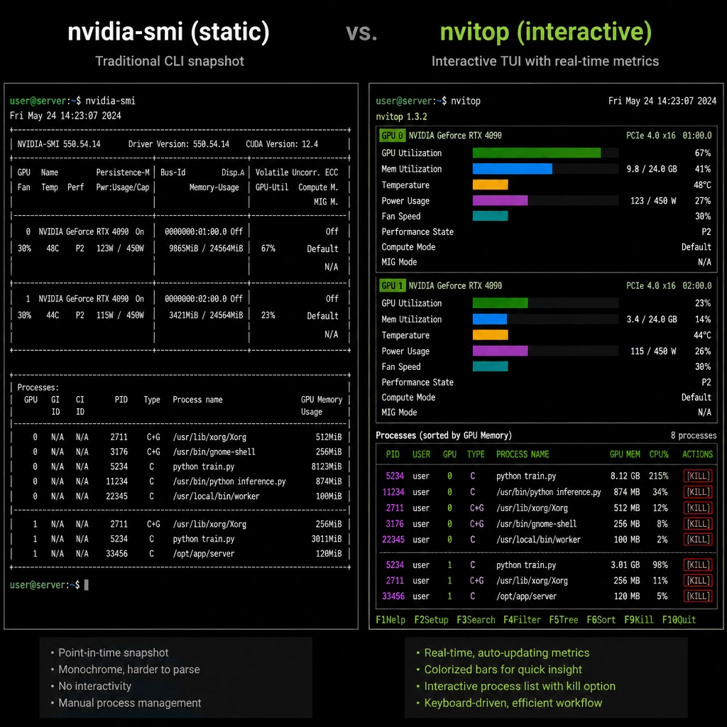 A side-by-side visual comparison of a command-line interface running static nvidia-smi output versus an interactive nvitop display showing colorized bar graphs of GPU utilization, temperature, memory usage, and an interactive list of active PIDs with options to kill processes.