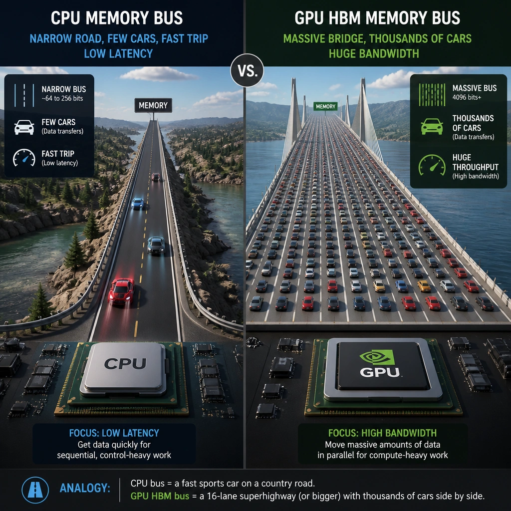 A comparison diagram showing a CPU memory bus (depicted as a narrow highway with a few fast cars representing low latency) vs a GPU HBM memory bus (depicted as a massive, multi-lane bridge with thousands of cars driving in parallel, representing huge bandwidth).