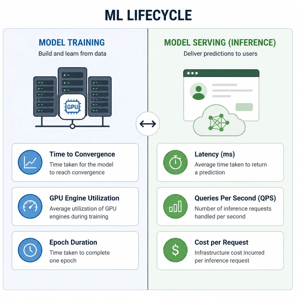 A divided diagram showing the ML Lifecycle split: The left side labeled 'Model Training' features metrics like 'Time to Convergence', 'GPU Engine Utilization', and 'Epoch Duration' under a cluster icon; the right side labeled 'Model Serving (Inference)' features metrics like 'Latency (ms)', 'Queries Per Second (QPS)', and 'Cost per Request' under a user application icon.