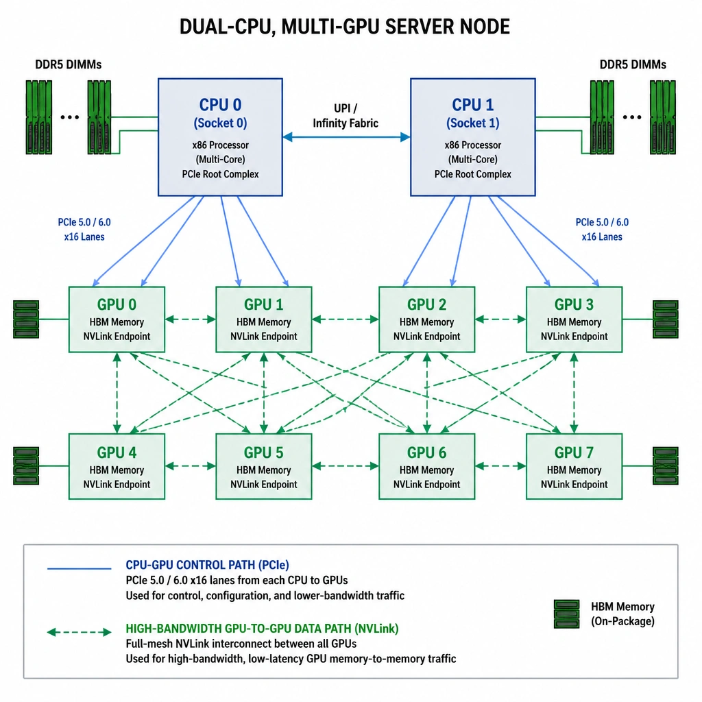An architectural block diagram of a dual-CPU, multi-GPU server node. It shows the CPUs connected to the GPUs via PCIe lanes (labeled as the CPU-GPU control path), while the GPUs are interconnected directly with each other using a high-density mesh of NVLink connections (labeled as the high-bandwidth GPU-to-GPU data path).