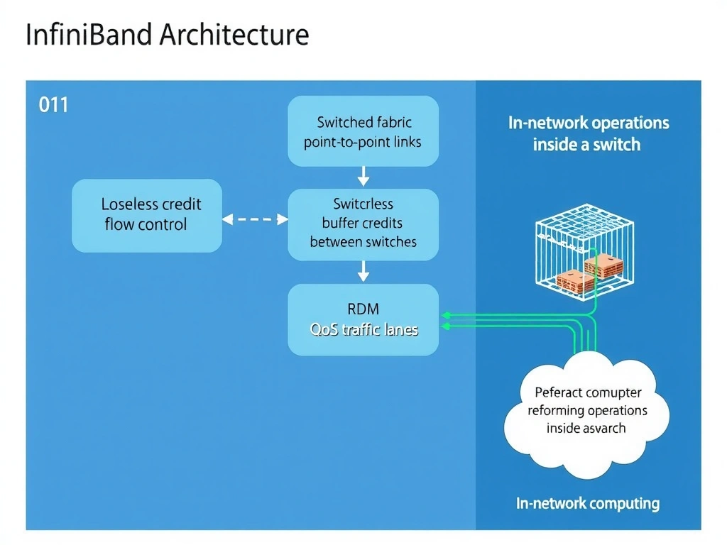 A technical diagram illustrating InfiniBand architecture features, showcasing: 1) Switched fabric point-to-point links, 2) Lossless credit flow control showing buffer credits between switches, 3) RDMA memory bypass, 4) QoS traffic lanes, and 5) In-network computing performing reduction operations inside a switch.
