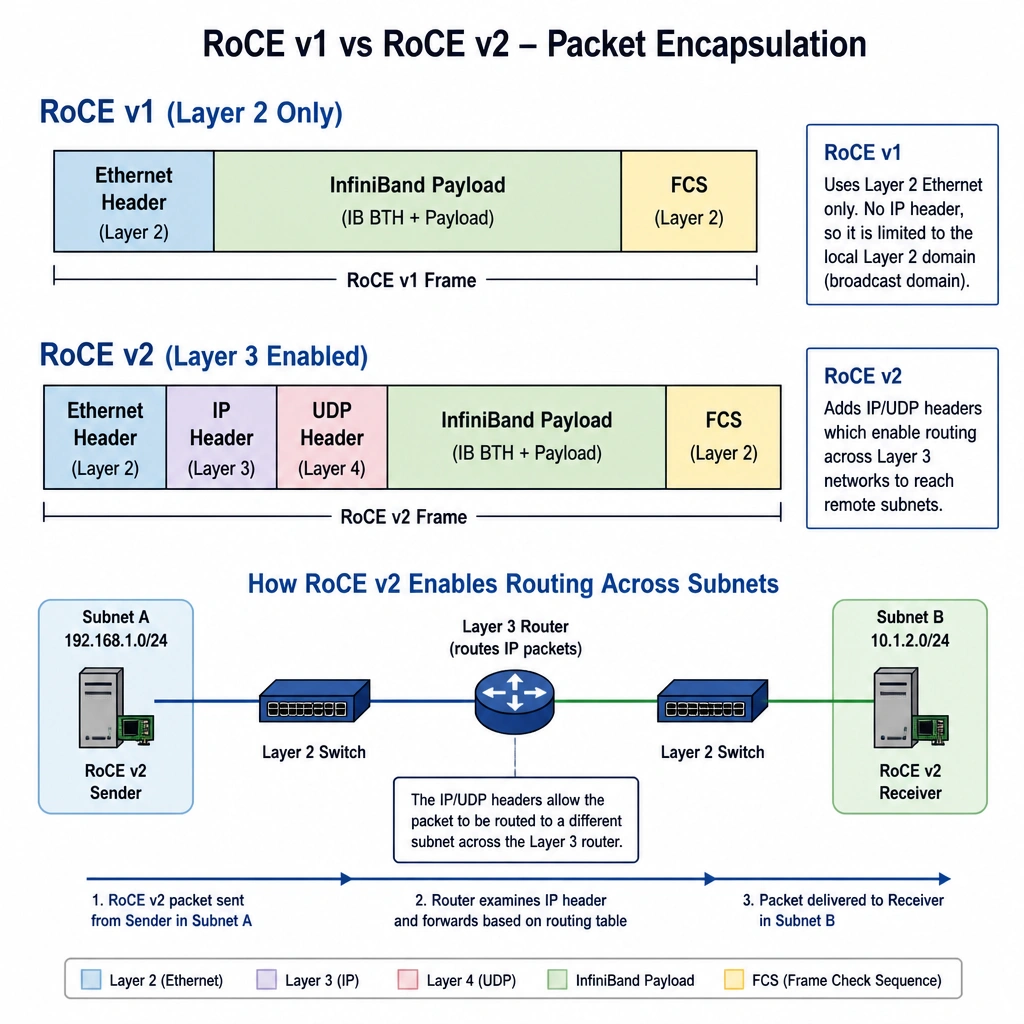 A packet encapsulation diagram showing RoCE v1 vs RoCE v2. RoCE v1 is shown with an Ethernet Header, InfiniBand Payload, and FCS (limited to Layer 2). RoCE v2 is shown with an Ethernet Header, IP Header, UDP Header, InfiniBand Payload, and FCS, with an arrow indicating how the IP/UDP headers enable routing across a Layer 3 router to another subnet.