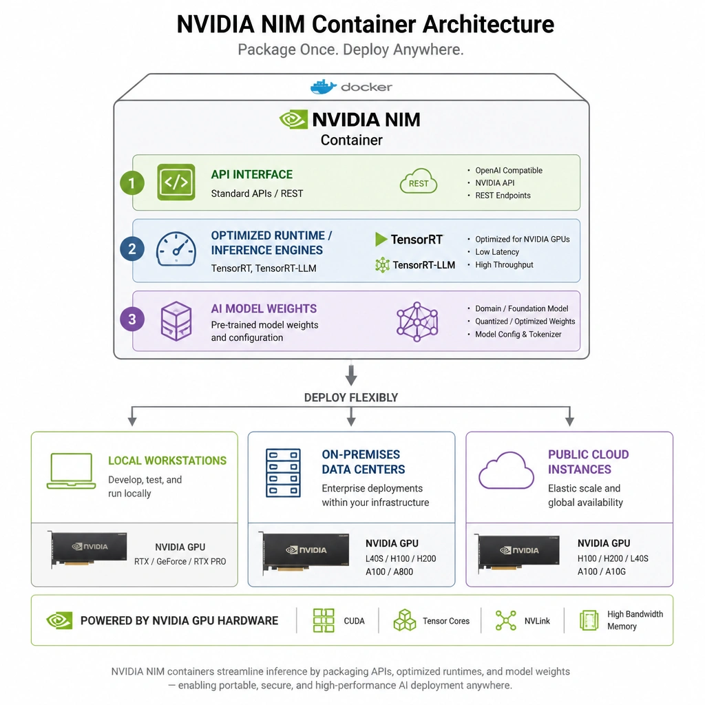 An architectural diagram illustrating the components packaged inside an NVIDIA NIM container. Show a single Docker container containing three layers: the API interface (standard APIs/REST), the optimized runtime/inference engines (TensorRT, TensorRT-LLM), and the AI model weights. Show this container being deployed flexibly onto different platforms like Local Workstations, On-Premises Data Centers, and Public Cloud instances, all powered by NVIDIA GPU hardware at the bottom.