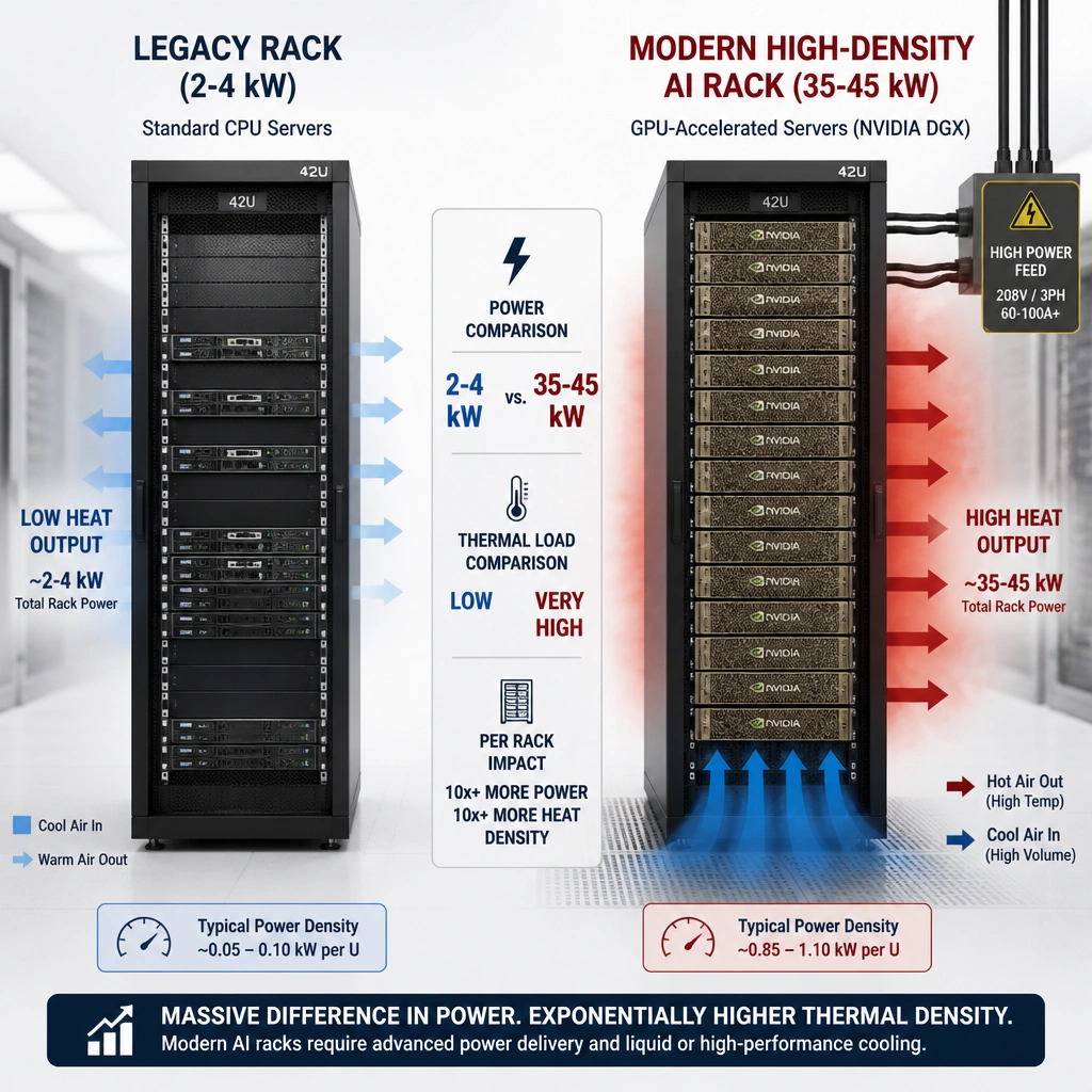 A comparison diagram showing two data center racks. On the left, label it 'Legacy Rack (2-4 kW)' containing standard CPU servers, with a low heat output indicated by light blue arrows. On the right, label it 'Modern High-Density AI Rack (35-45 kW)' packed with GPU-accelerated servers (like NVIDIA DGX), with high power lines feeding into it and intensive heat/cooling flows shown with dark red and dark blue arrows, emphasizing the massive difference in power and thermal density.