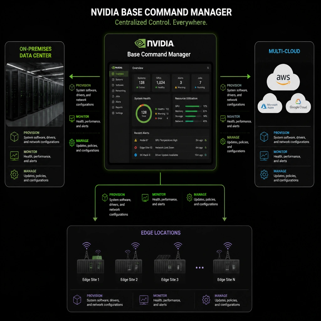 A diagram depicting the central role of NVIDIA Base Command Manager. At the center is the Base Command Manager controller interface. Connected to it are three distinct target environments: 'On-Premises Data Center' (with racks of servers), 'Multi-Cloud' (with cloud icons), and 'Edge Locations' (with remote nodes). Show arrows flowing from the center to provision, monitor, and manage the system software, drivers, and network configurations in all three environments.