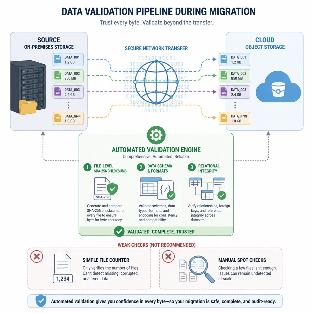 An infographic showing the data validation pipeline during a migration. On the left is 'Source On-Premises Storage' and on the right is 'Cloud Object Storage'. Show data blocks moving across a network. Below the network, show an 'Automated Validation Engine' comparing: 1) File-level SHA-256 Checksums, 2) Data Schema & Formats, and 3) Relational Integrity. Contrast this with crossed-out icons representing weak checks (a simple file counter and a magnifying glass spot-checking a few files).