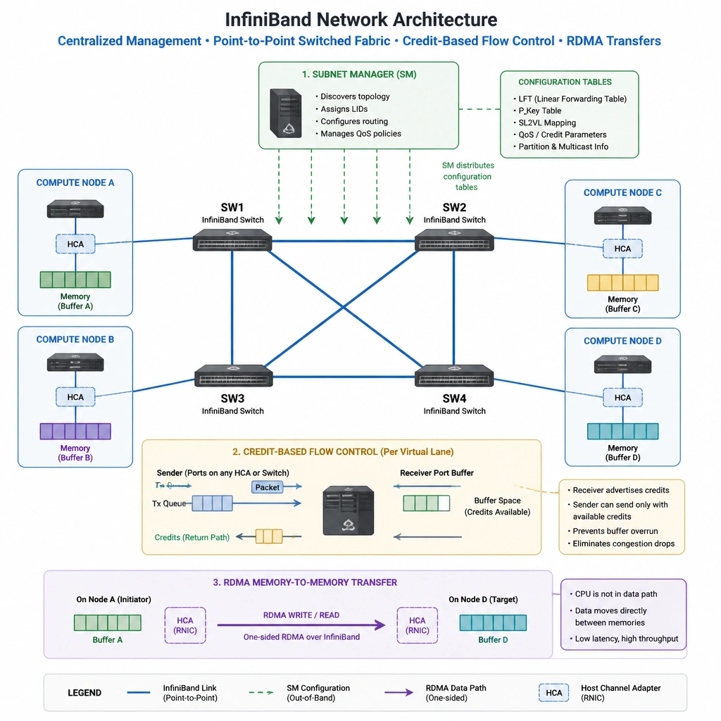 An architectural diagram showing an InfiniBand network setup: a centralized Subnet Manager node sending configuration tables, compute nodes performing memory-to-memory RDMA transfers, and switches using credit-based flow control to prevent congestion drops across a point-to-point switched fabric.
