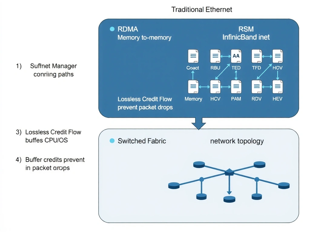 A diagram illustrating InfiniBand architecture features compared to traditional Ethernet. On the InfiniBand side, show: 1) A 'Subnet Manager' icon controlling routing paths, 2) 'RDMA' showing direct memory-to-memory paths bypassing CPU/OS, 3) 'Lossless Credit Flow' showing buffer credits preventing packet drops, and 4) A 'Switched Fabric' network topology showing multiple parallel point-to-point connections.