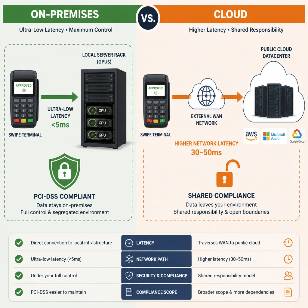 A split illustration comparing on-premises and cloud latency paths. On the left side, show the 'On-Premises' flow: a swipe terminal connects directly to a local server rack containing GPUs, with a short green arrow indicating ultra-low latency (<5ms) and a secure shield icon representing PCI-DSS compliance control. On the right side, show the 'Cloud' flow: the terminal connects through an external WAN network to a public cloud datacenter, with a long orange arrow indicating higher network latency (30-50ms) and open/shared compliance boundaries.