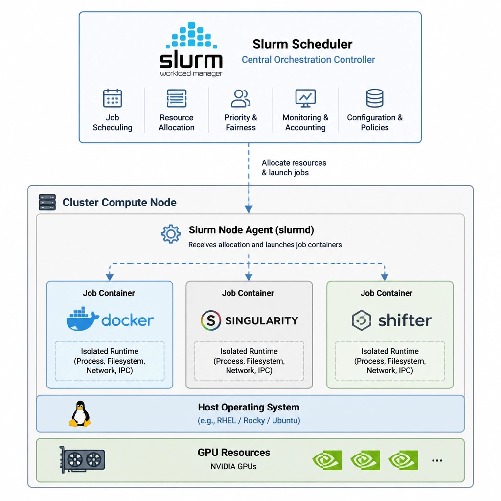 An architectural diagram showing Slurm scheduler as the central orchestration controller. Below it, show a cluster compute node. On this node, show Slurm launching job containers. Depict three different container logos/labels: 'Docker', 'Singularity', and 'Shifter', all running as isolated runtimes on top of the host operating system and GPU resources.