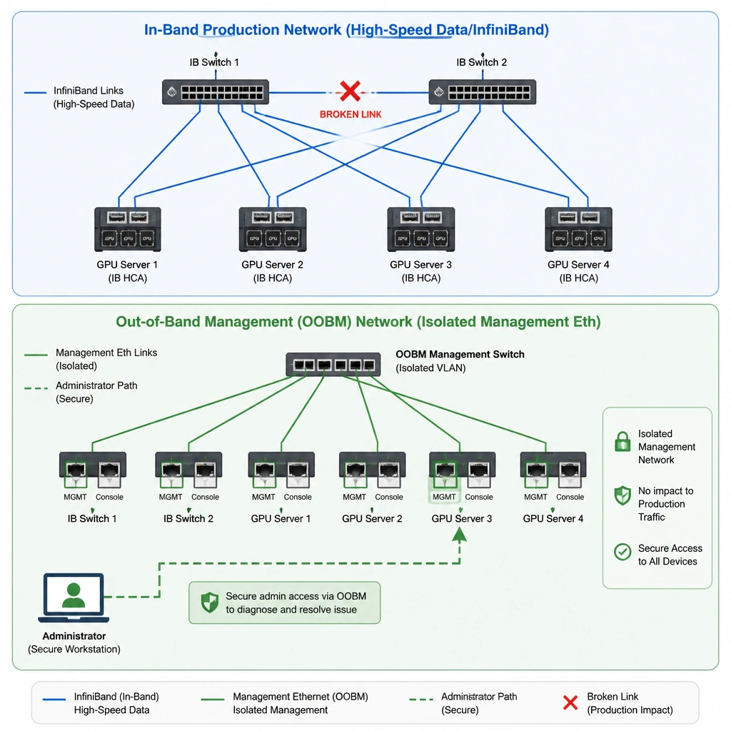 An architectural network topology diagram displaying two separate networks. The top network is labeled 'In-Band Production Network (High-Speed Data/InfiniBand)' connecting GPU servers and switches. The bottom network is labeled 'Out-of-Band Management (OOBM) Network (Isolated Management Eth)' connecting to the console and management ports of the same switches and servers. Highlight a broken link on the production network with a red 'X', and show a secure green administrator path passing successfully through the OOBM network to resolve the issue.