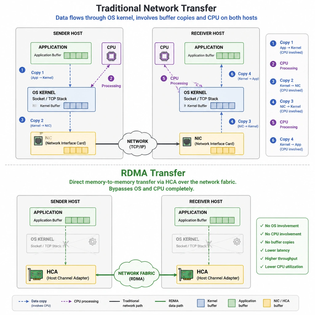 A comparison diagram showing a traditional network transfer versus an RDMA transfer. The traditional path shows data moving through the OS kernel, buffer copies, and CPU on both hosts. The RDMA path shows direct memory-to-memory data transfer via HCA (Host Channel Adapter) cards over the network fabric, completely bypassing the operating systems and CPUs.