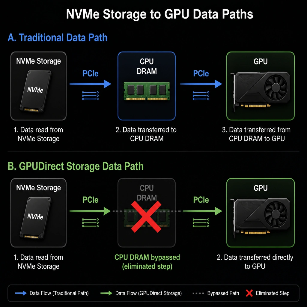 A layout mapping two data paths from NVMe storage to GPU. Path A (Traditional) shows data going Storage -> PCIe -> CPU DRAM -> PCIe -> GPU. Path B (GPUDirect Storage) shows data going Storage -> PCIe -> GPU directly, with a red 'X' over the CPU DRAM bypass to highlight the eliminated step.
