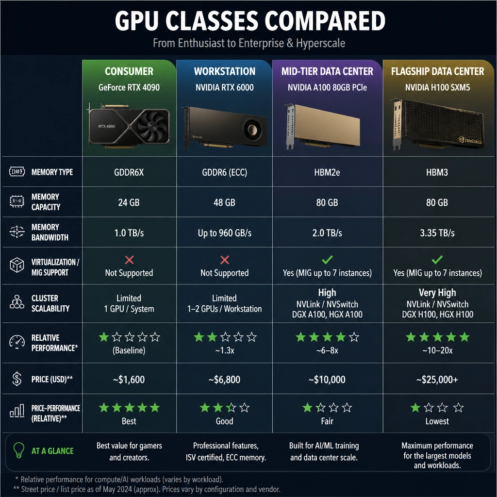 A diagram contrasting GPU classes: Consumer (GeForce RTX 4090), Workstation (RTX 6000), Mid-tier Data Center (A100), and Flagship Data Center (H100). The comparison highlights factors like memory type (GDDR6 vs HBM2e/HBM3), virtualization (MIG support), cluster scalability, and relative price-to-performance ratio.