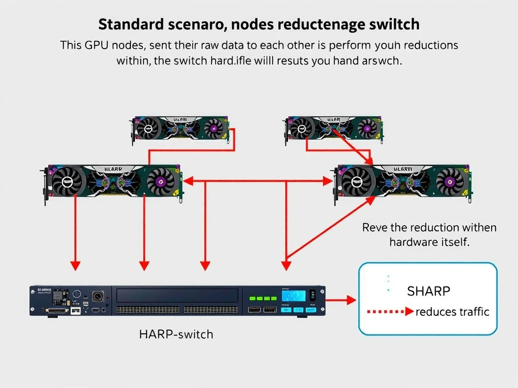 A block diagram showing multi-node GPU training. It illustrates GPUs on different hosts communicating via InfiniBand. It shows a visual callout of the five key features: 1) In-Network Computing (SHARP) on the switch, 2) Lossless flow control credits, 3) QoS virtual lanes, 4) Switched point-to-point paths, and 5) GPUDirect RDMA bypassing host CPUs.