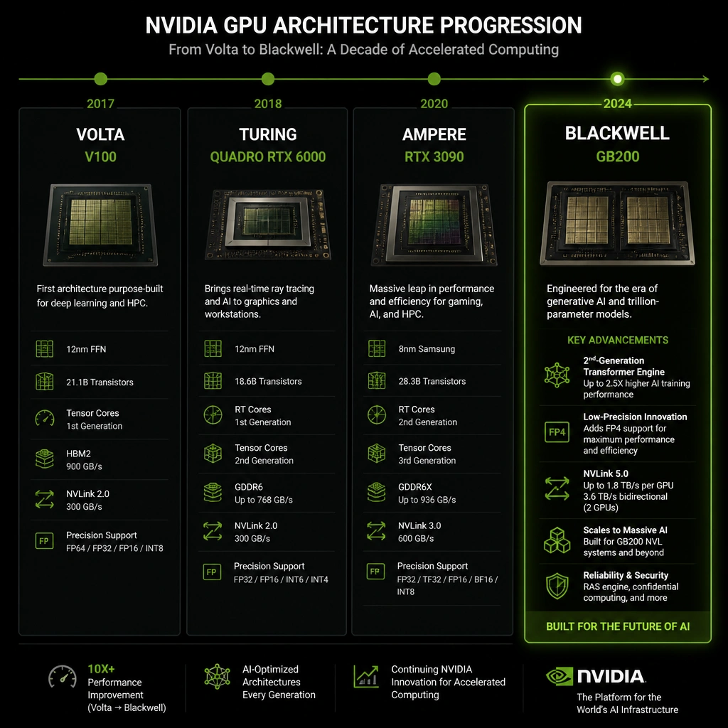 A timeline or grid illustrating the progression of NVIDIA GPU architectures from Volta (V100) to Turing (Quadro RTX 6000), Ampere (RTX 3090), and Blackwell (GB200). The Blackwell entry is highlighted, showing its specialized features such as the 2nd-generation Transformer Engine, support for low-precision data formats (FP4), and advanced NVLink interconnects.