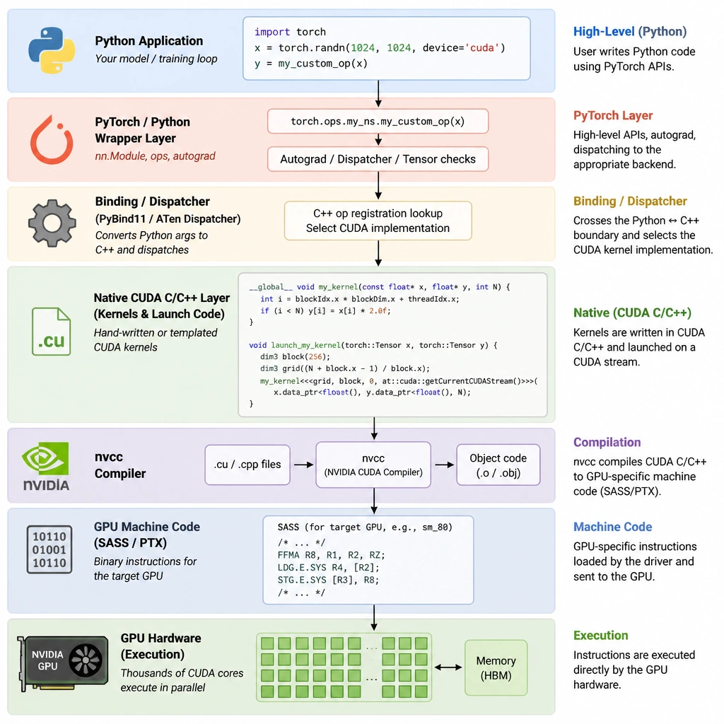 A software stack diagram showing how Python/PyTorch wrappers interact with compiled C/C++ CUDA kernels. The diagram shows the high-level application layer (Python), translating down to the native CUDA C/C++ layer, which is compiled by the nvcc compiler into machine instructions executed directly by the GPU hardware.