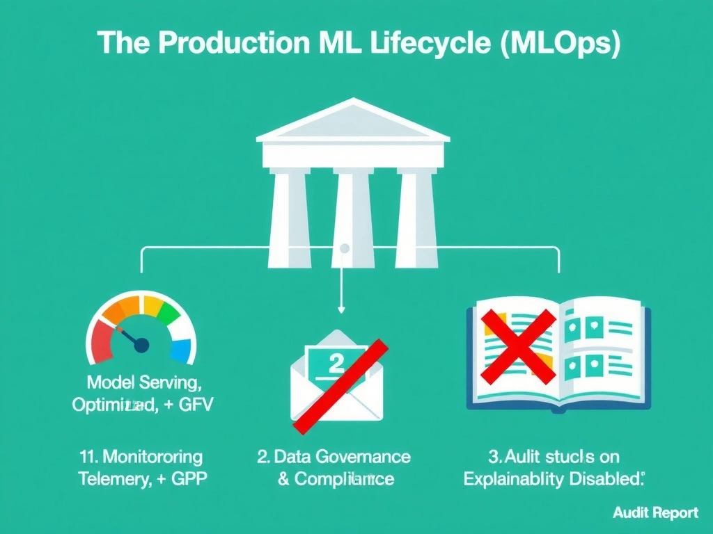 An infographic illustrating the production ML lifecycle (MLOps). Show three core pillars: 1) 'Model Serving' (optimized engine + GPU), 2) 'Monitoring & Telemetry' (tracking drift, errors, and resources), and 3) 'Data Governance & Compliance' (securing user inputs and ensuring data quality). Contrast this with crossed-out icons representing bad practices (a gauge stuck on 'Accuracy Only' and an audit report marked 'Explainability Disabled').