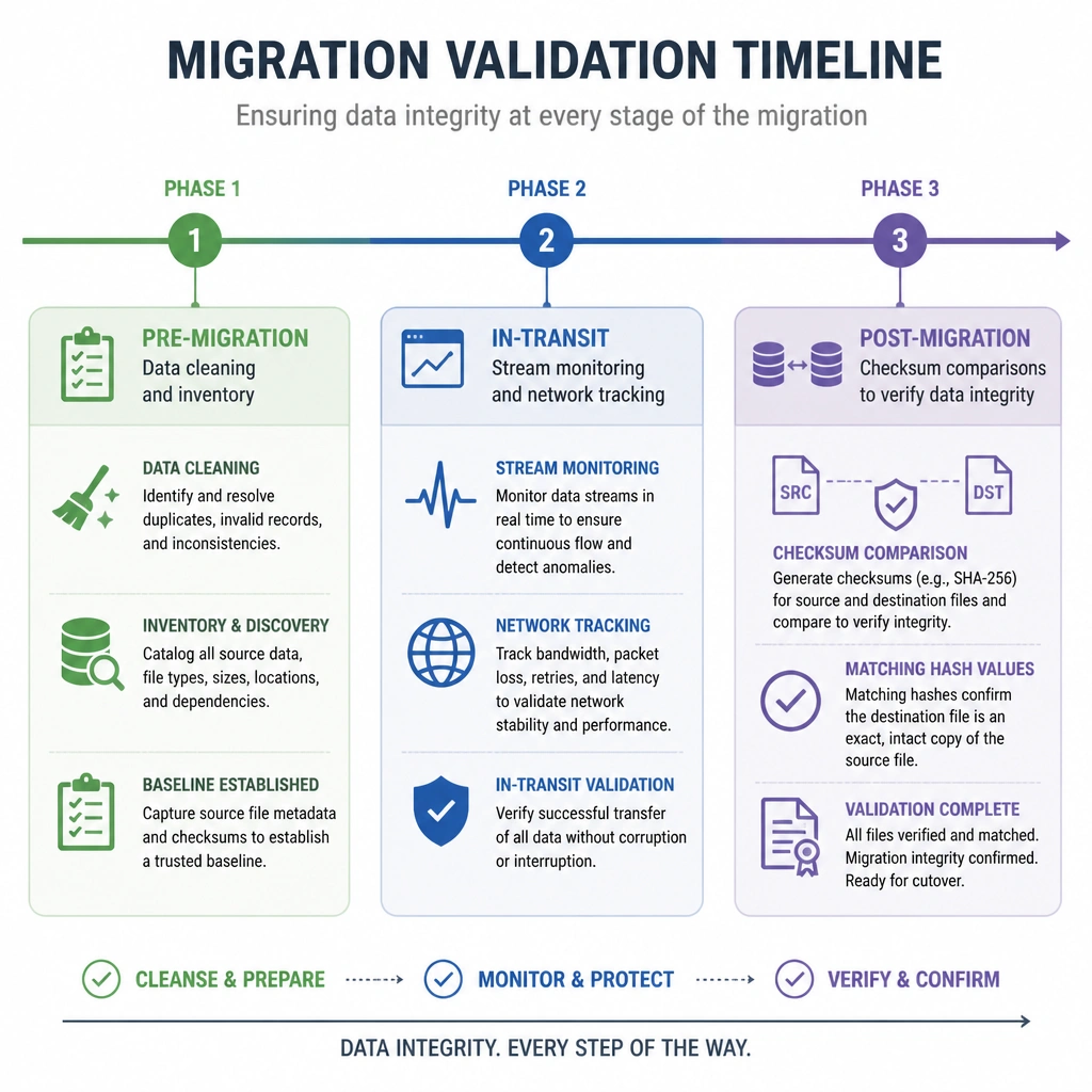 A timeline graphic depicting the three phases of migration validation: Pre-Migration (data cleaning and inventory), In-Transit (stream monitoring and network tracking), and Post-Migration (checksum comparisons between source and destination files to verify matching hash values).