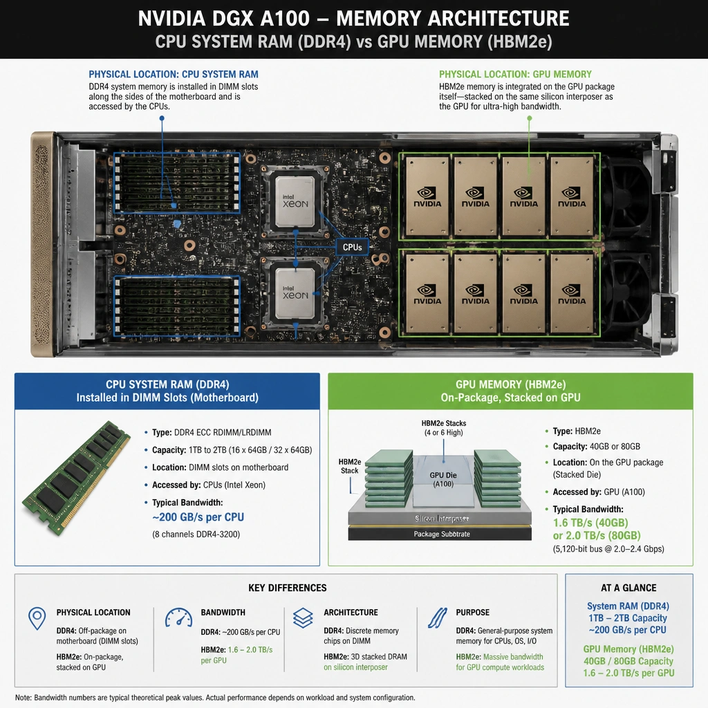 A callout diagram of the DGX A100 hardware architecture highlighting the difference between CPU system RAM (DDR4, 1TB to 2TB) and GPU memory (HBM2e, 40GB/80GB with stacked die architecture), contrasting their physical locations and bandwidth capabilities.