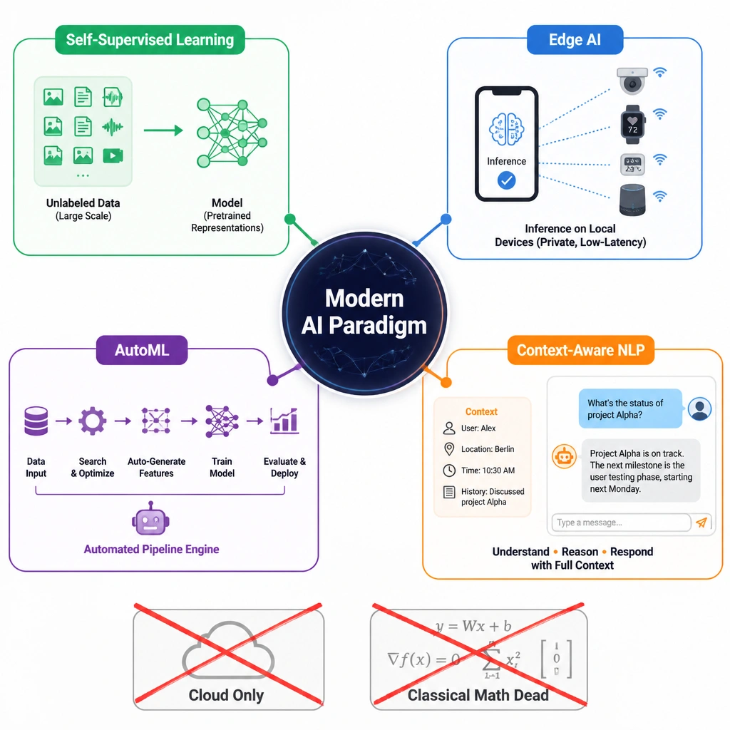 A concept map diagram showcasing modern AI development trends. In the center, show 'Modern AI Paradigm'. Radiating outwards, show four key branches: 'Self-Supervised Learning' (unlabeled data block to model), 'Edge AI' (inference on local phone/IoT icon), 'AutoML' (pipeline engine auto-generating features), and 'Context-Aware NLP' (a chat interface analyzing context). Cross out the concepts 'Cloud Only' and 'Classical Math Dead'.
