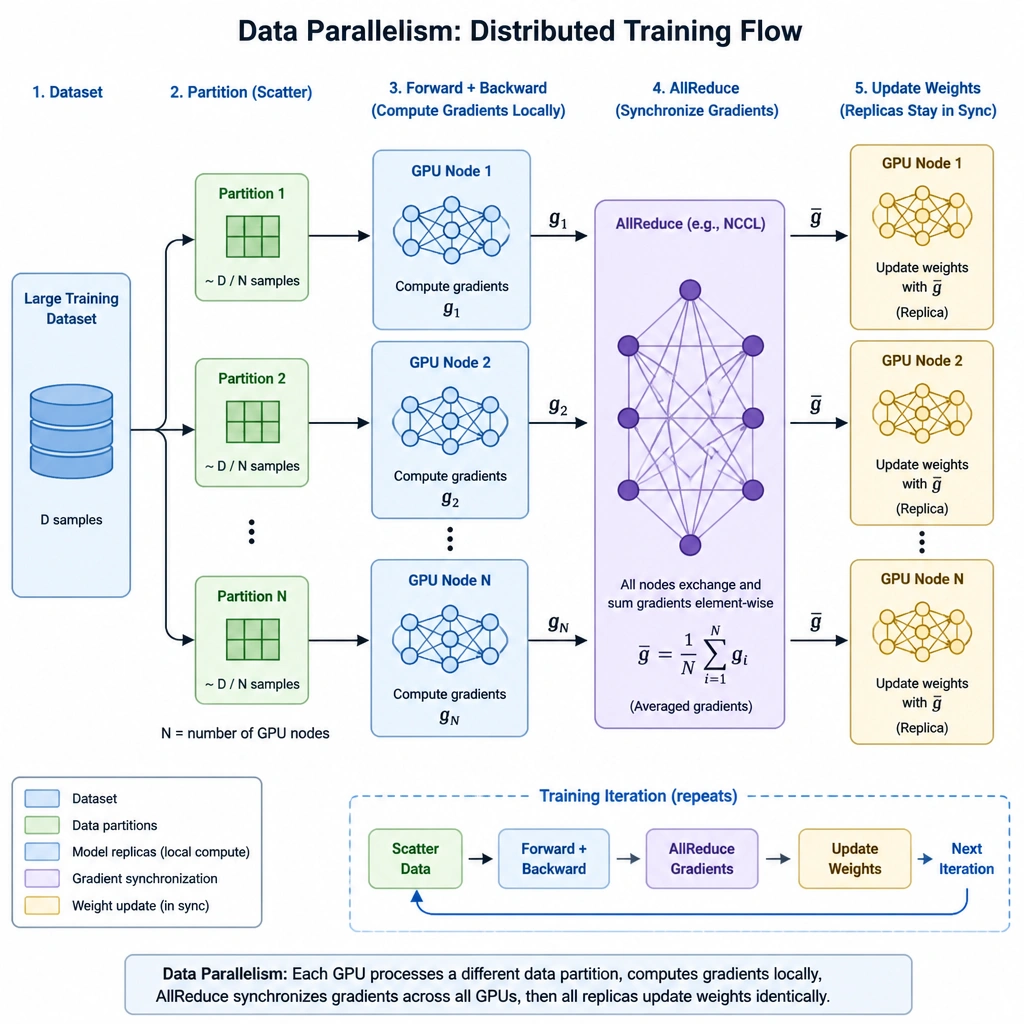 A distributed training flowchart showing data parallelism: a large training dataset split into partitions, sent to multiple GPU nodes running replicas of the neural network model, with an AllReduce step showing gradient synchronization between nodes before weights are updated.