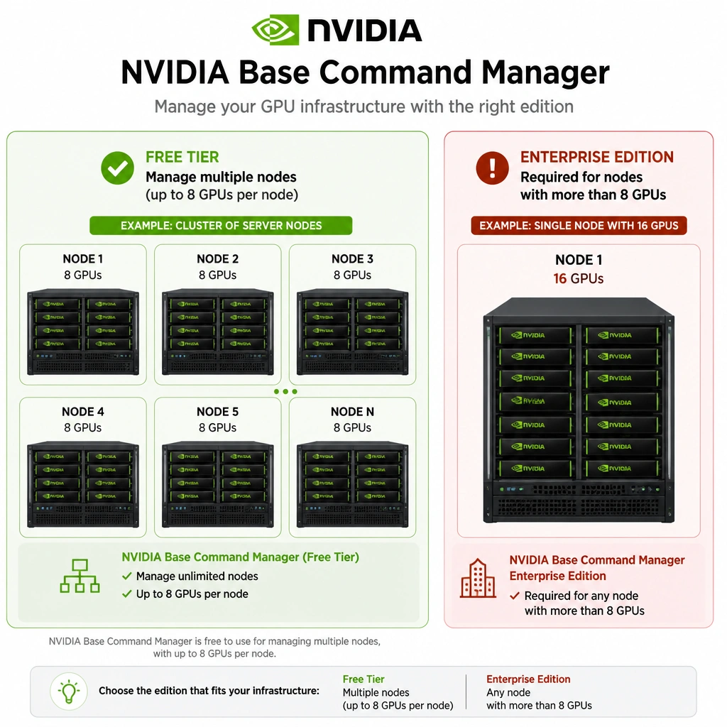 An illustration showcasing a cluster of multiple server nodes (each containing up to 8 GPUs) successfully managed by the free tier of NVIDIA Base Command Manager, alongside a single node with 16 GPUs marked as requiring the Enterprise edition.