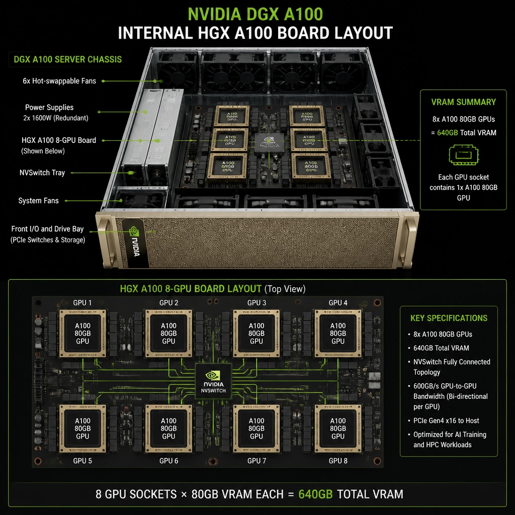 A diagram of a DGX A100 server chassis showing the internal HGX board layout with 8 GPU sockets, indicating each socket contains an A100 80GB GPU, summing up to a total of 640GB VRAM.