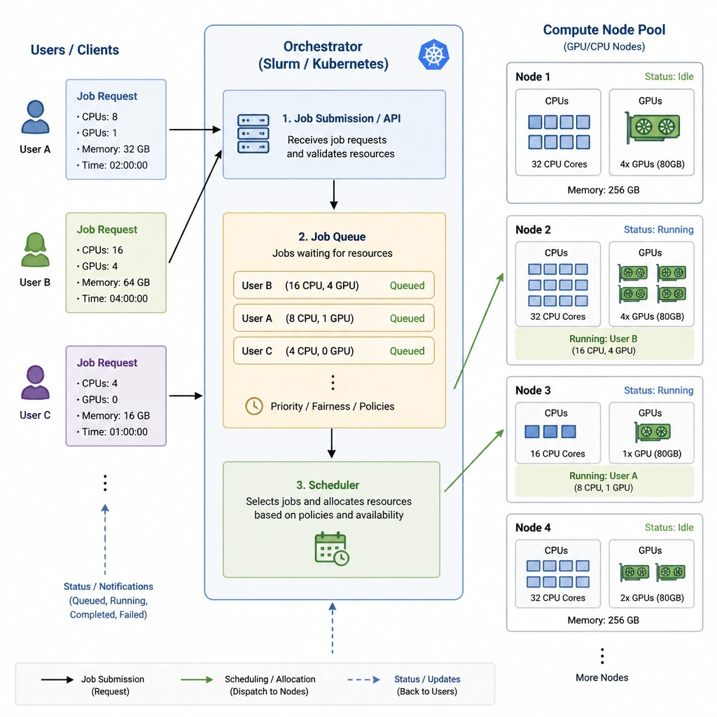 A diagram of an orchestrator (Slurm/Kubernetes) acting as an intermediary: receiving job requests (specifying GPU/CPU needs) from users, queuing them, and scheduling/distributing them onto a pool of server nodes with GPUs.