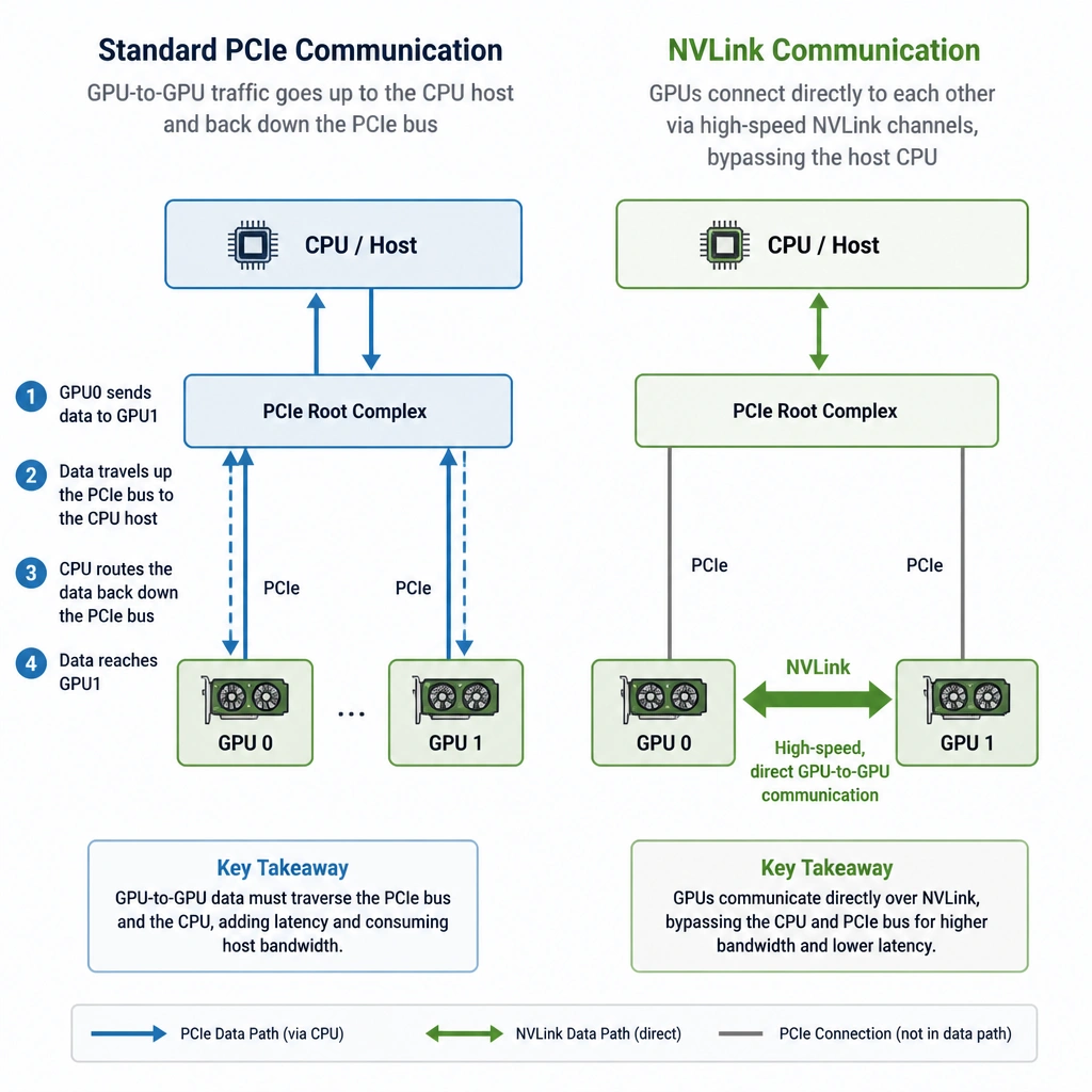 A logical layout diagram comparing standard PCIe communication (where GPU-to-GPU traffic must travel up to the CPU host and back down the PCIe bus) with NVLink communication (where GPUs connect directly to each other via high-speed NVLink channels, bypassing the host CPU).