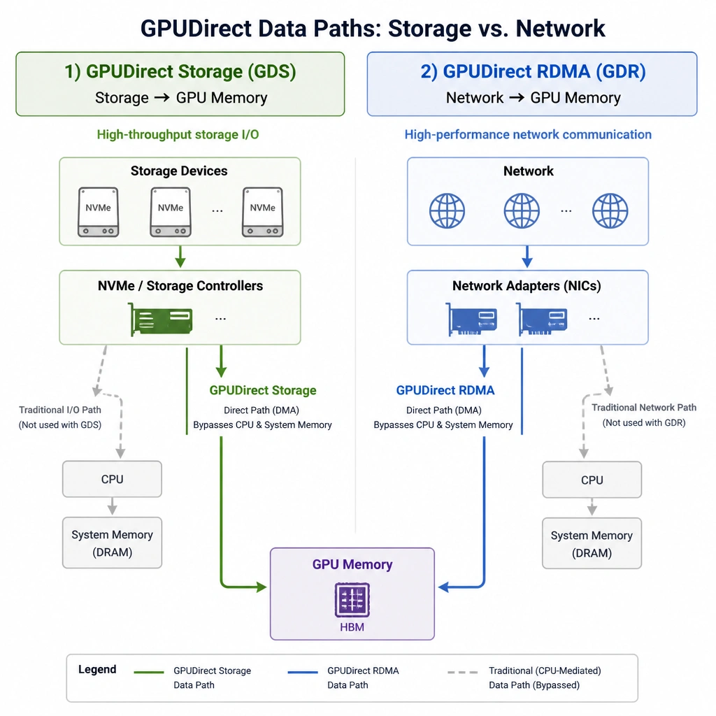 A comparative block diagram highlighting the two data paths: one path showing GPUDirect Storage connecting NVMe/Storage controllers directly to GPU memory, and the other path showing GPUDirect RDMA connecting network adapters (NICs) directly to GPU memory for network communications.