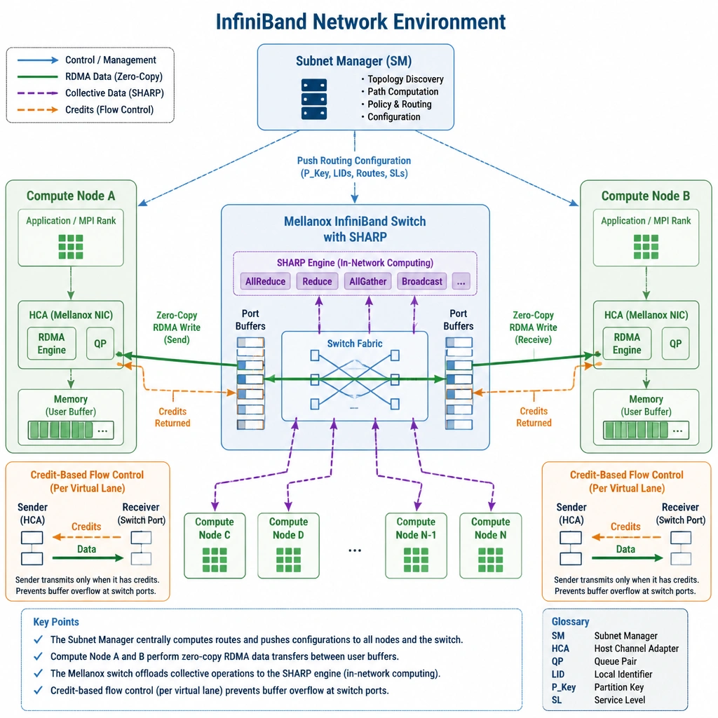 A schematic showing an InfiniBand network environment. Illustrate a centralized Subnet Manager pushing routing configurations, two compute nodes performing zero-copy RDMA data transfers, and a Mellanox switch running in-network computing (SHARP) to compute collective operations. Highlight credit-based flow control preventing buffer overflow at the switch ports.