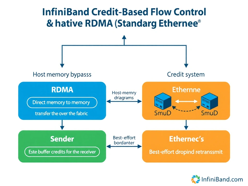 An architectural diagram comparing InfiniBand credit-based flow control and native RDMA against standard Ethernet. The diagram should illustrate host memory bypass (RDMA) showing direct memory-to-memory transfer over the fabric, and a credit system where a sender waits for buffer credits from the receiver, contrasting with Ethernet's best-effort drop-and-retransmit model.
