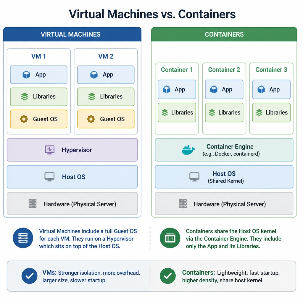 A comparative architecture diagram showing Virtual Machines vs. Containers. The VM side shows Host OS, Hypervisor, Guest OS, Libraries, and App layers. The Container side shows Host OS, Container Engine, Libraries, and App layers, highlighting that containers share the host kernel and omit the guest OS layers.