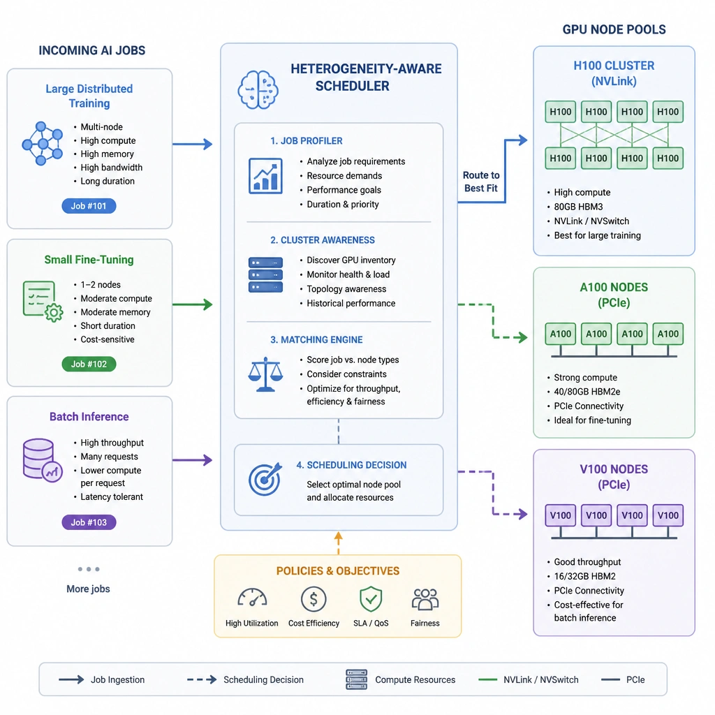A conceptual diagram showing a Heterogeneity-Aware Scheduler receiving various incoming AI jobs (Large distributed training, Small fine-tuning, Batch inference) and routing them to the optimal GPU nodes (H100 cluster with NVLink, A100 nodes, V100 nodes) based on job profiles and GPU capabilities.