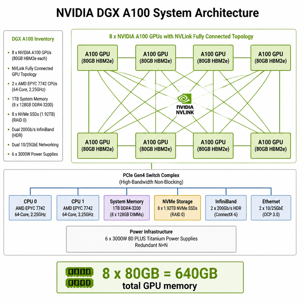 An inventory/block diagram of the NVIDIA DGX A100 system architecture, showing 8 separate GPU blocks, each labeled as 'A100 GPU (80GB HBM2e)'. Lines represent NVLink connections between them, and the total system GPU memory is clearly calculated as '8 x 80GB = 640GB total GPU memory'.