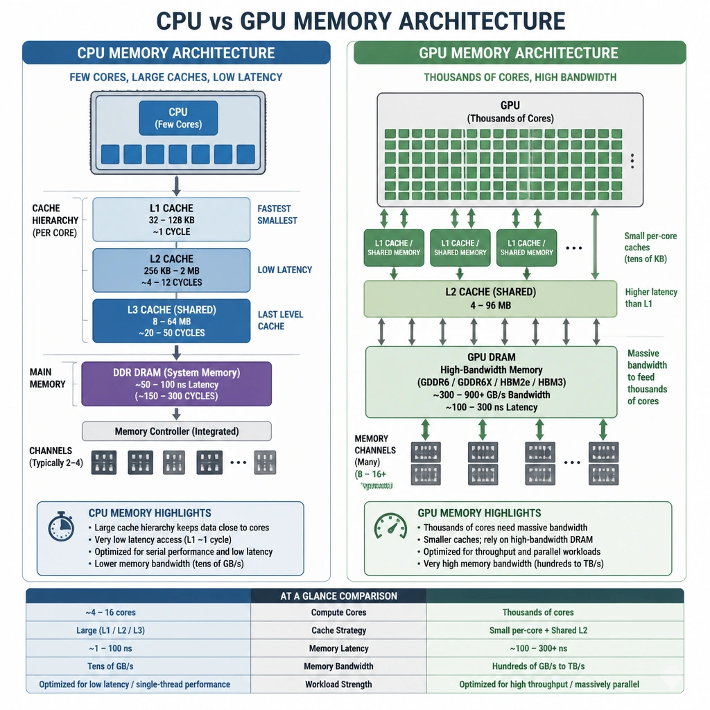 A comparison diagram contrasting a CPU memory architecture (emphasizing large cache hierarchies like L1, L2, L3, and low latency to DDR RAM) with a GPU memory architecture (emphasizing thousands of cores fed by high-bandwidth GDDR or stacked HBM memory channels).