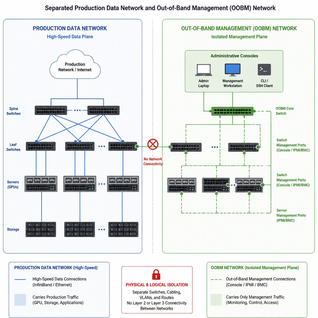 A network diagram showing two separated paths: a high-speed production data network connecting GPUs/storage, and a separate, isolated Out-of-Band Management (OOBM) network connecting administrative consoles to the management ports (console, IPMI/BMC) of switches and servers.